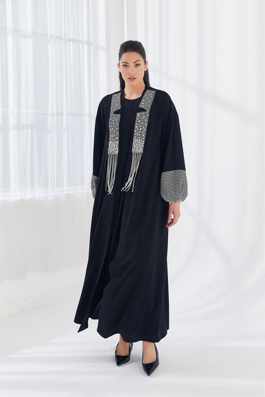 Taş İşlemeli Abaya Siyah