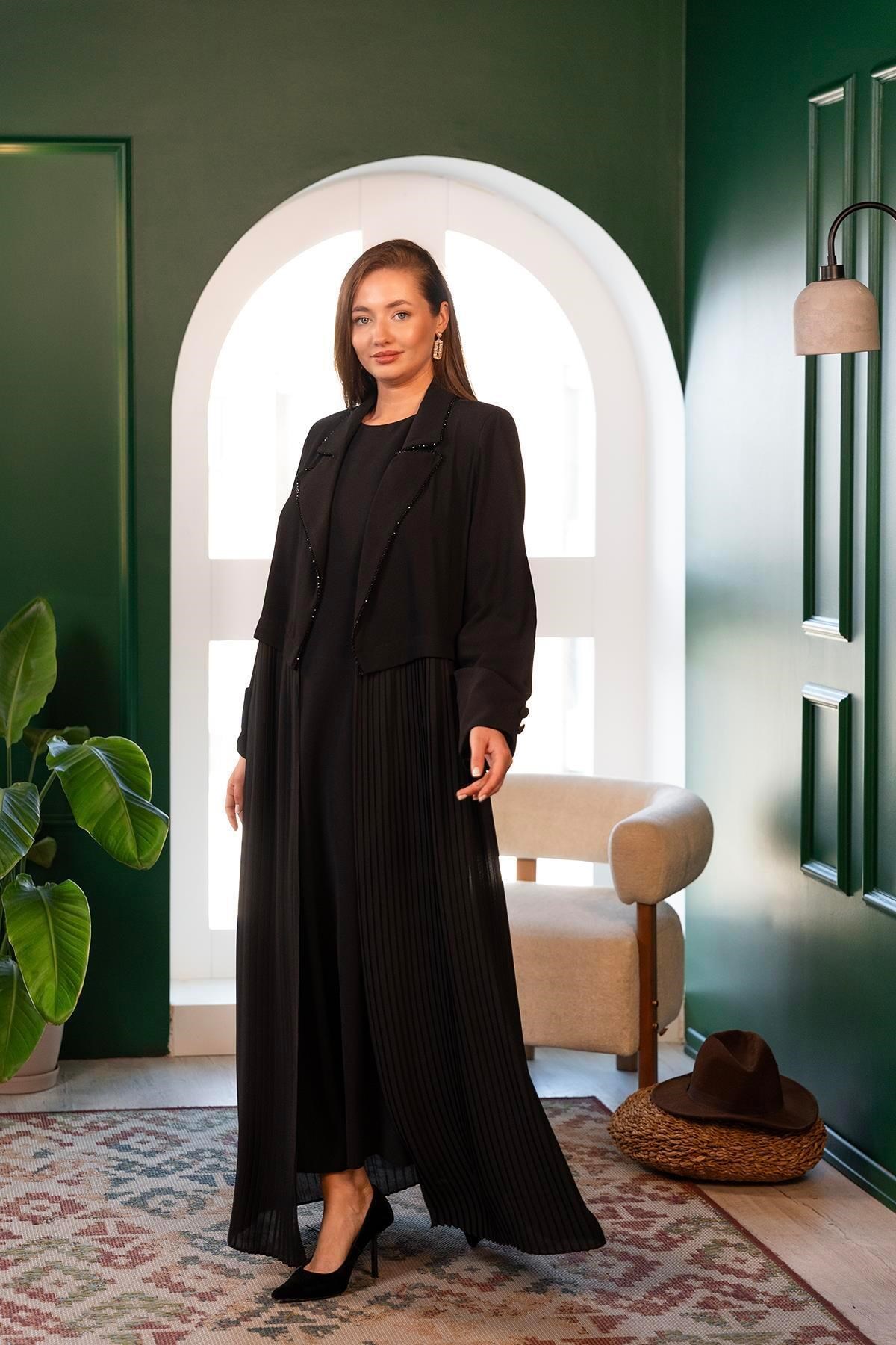 Taş İşlemeli Abaya Siyah