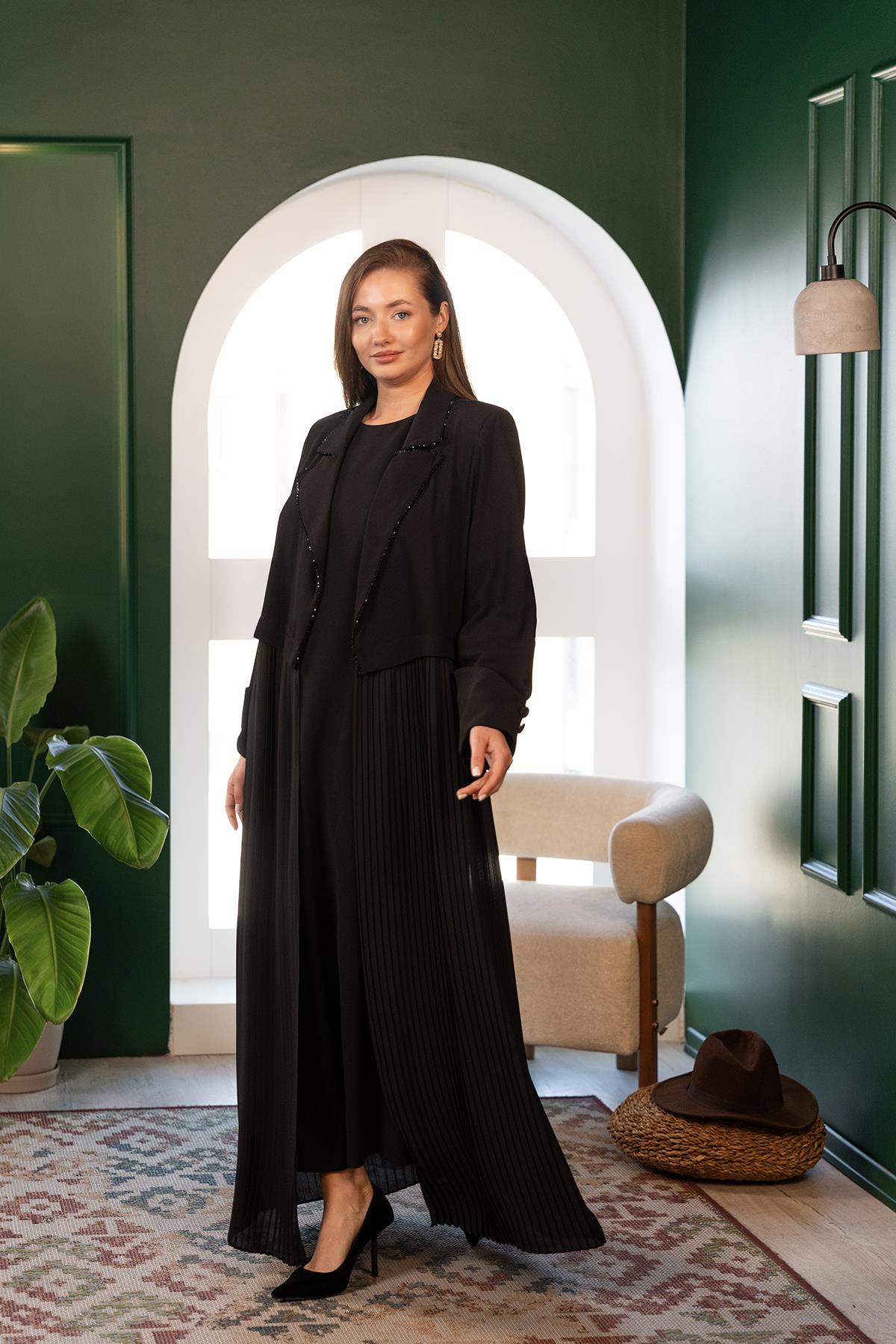 Taş İşlemeli Abaya Siyah