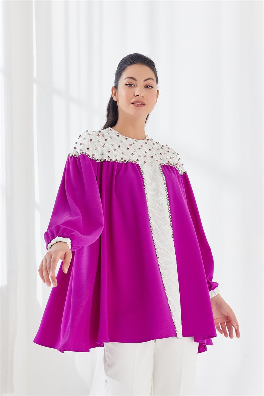 Taş İşlemeli Bayan Bluz Mor