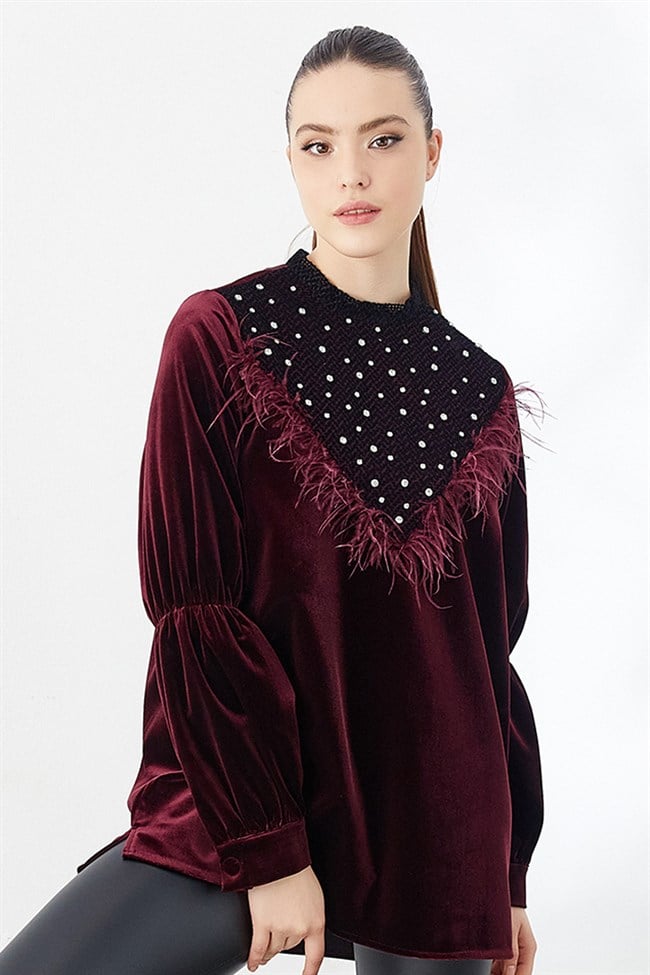 Taş İşlemeli Bluz Bordo