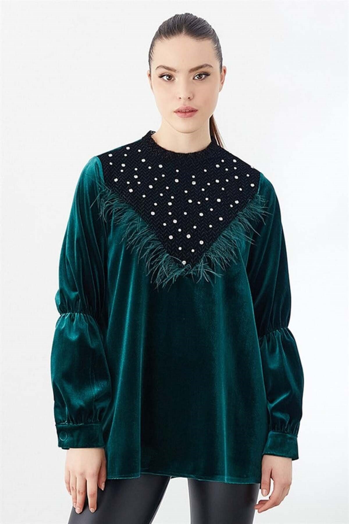 Taş İşlemeli Bluz Yeşil