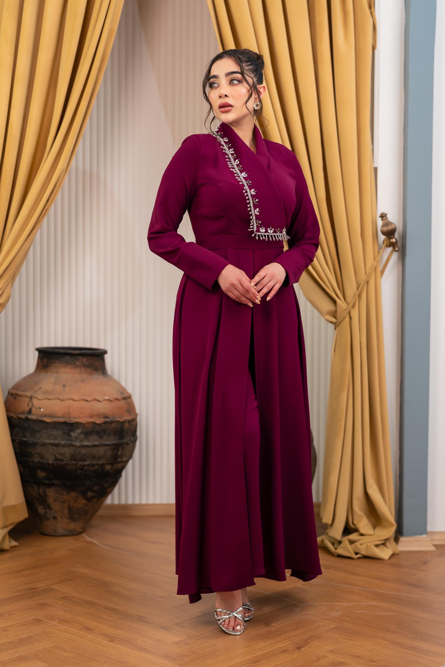 Yakası El İşlemeli Elbise Pantolon Mürdüm