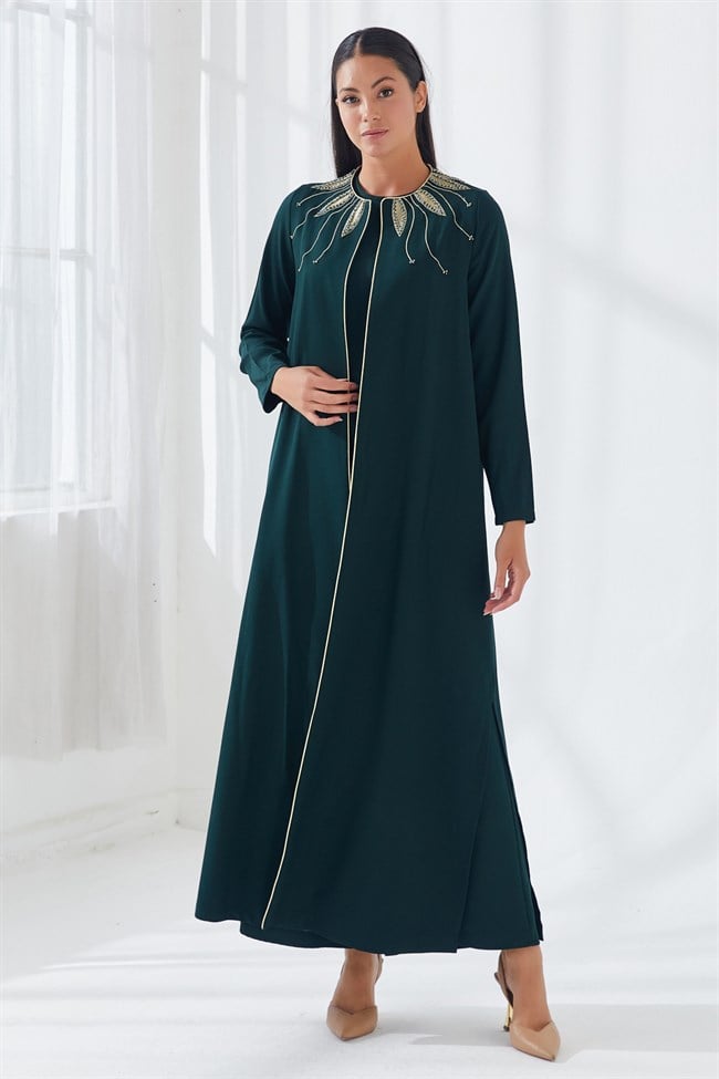 Yakası Nakış İşlemeli İkili Abaya Takım Yeşil