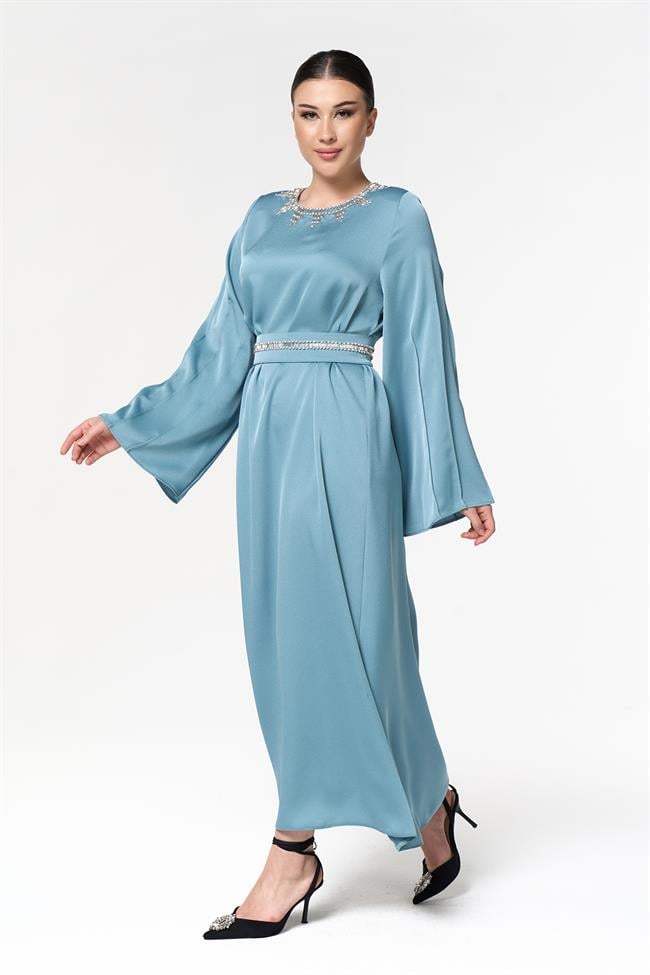 Yakası Taş İşlemeli Elbise Mavi