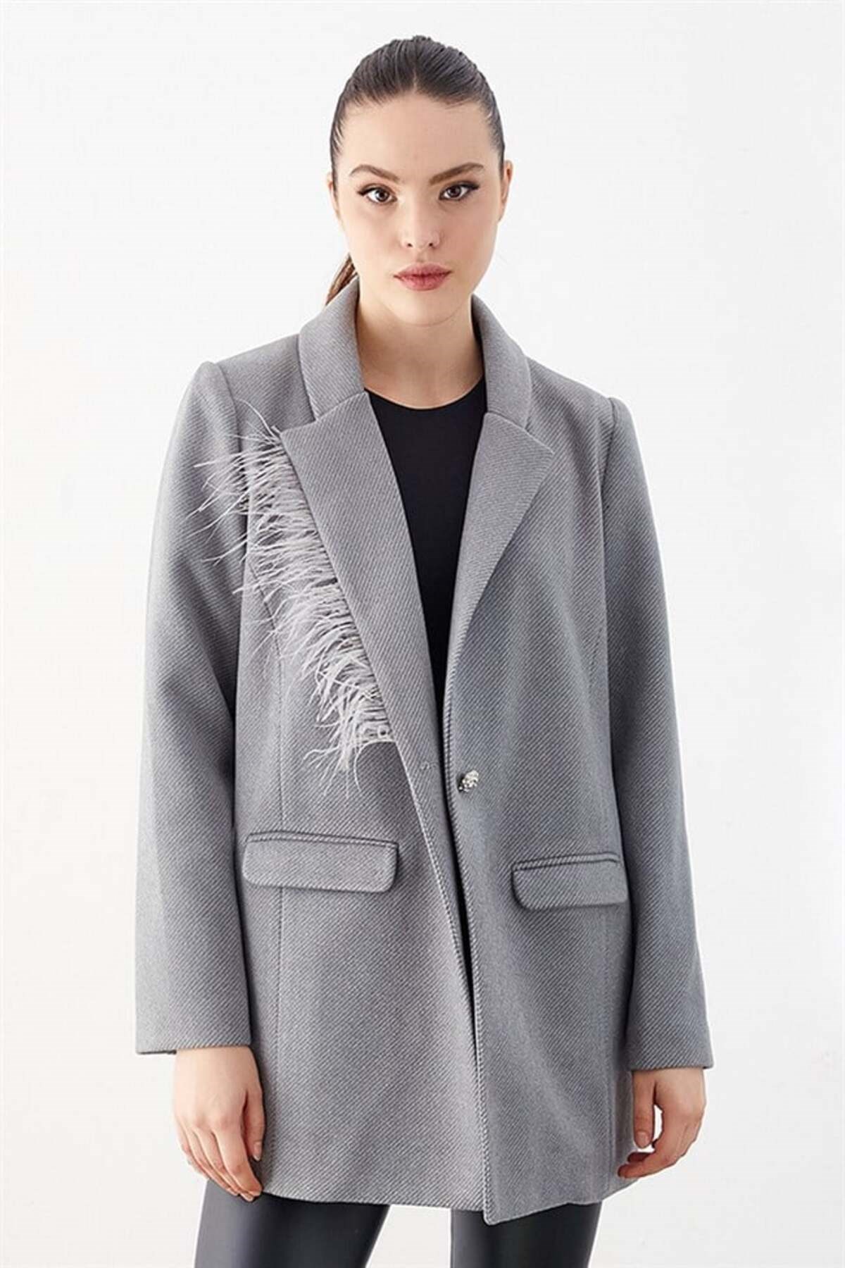 Yakası Tüylü Blazer Ceket Gri