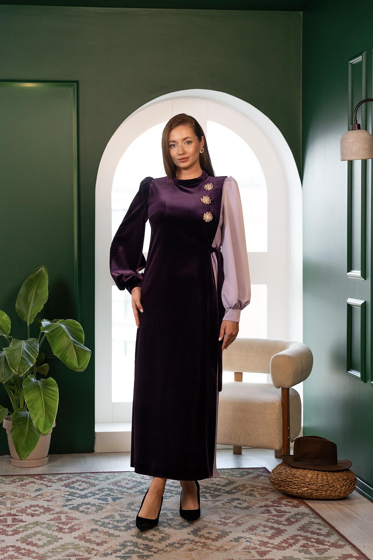 Yandan Bağlamalı Pliseli Elbise Mor