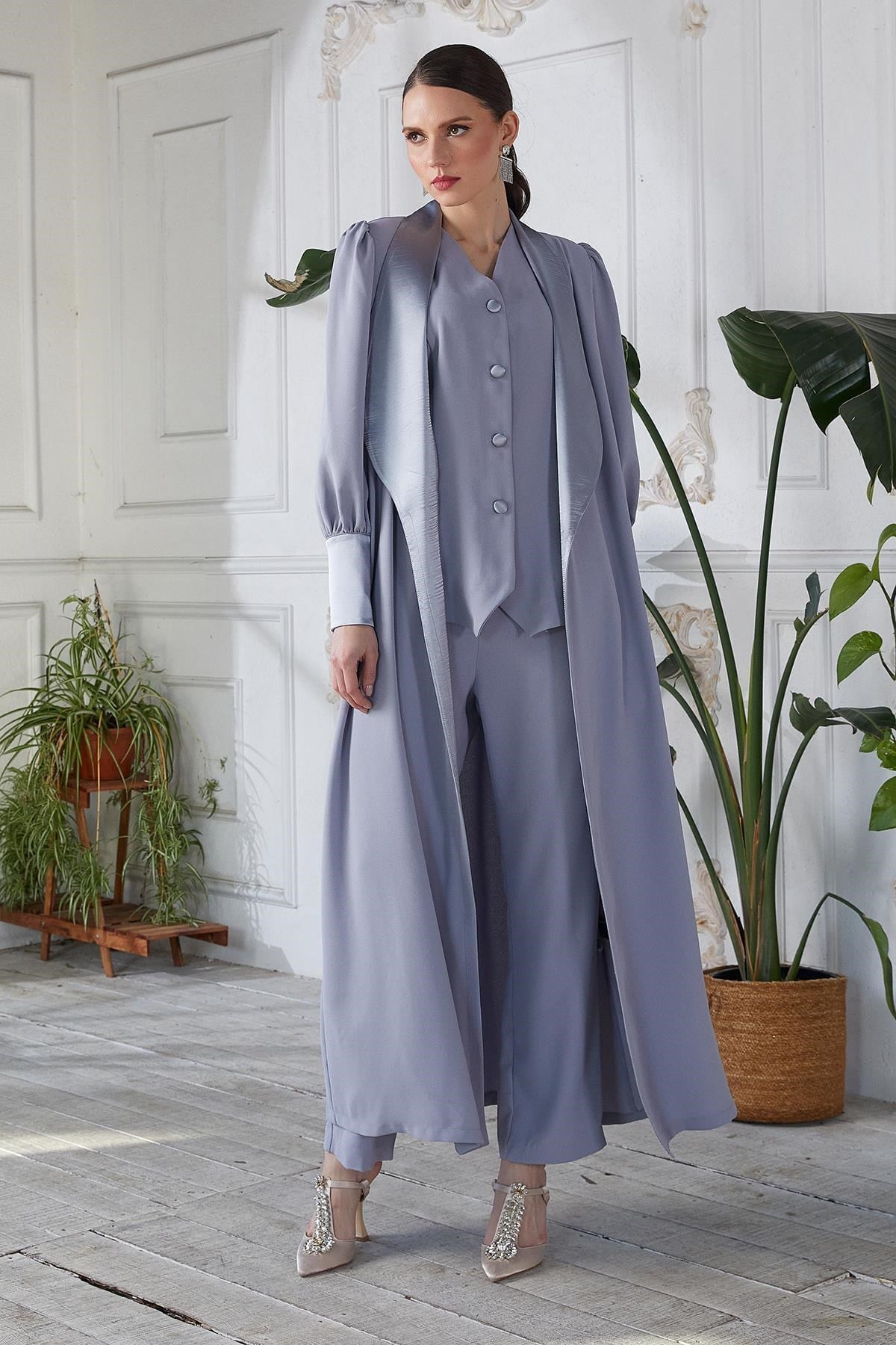 Yelek Pant Abaya Üçlü Takım Gri