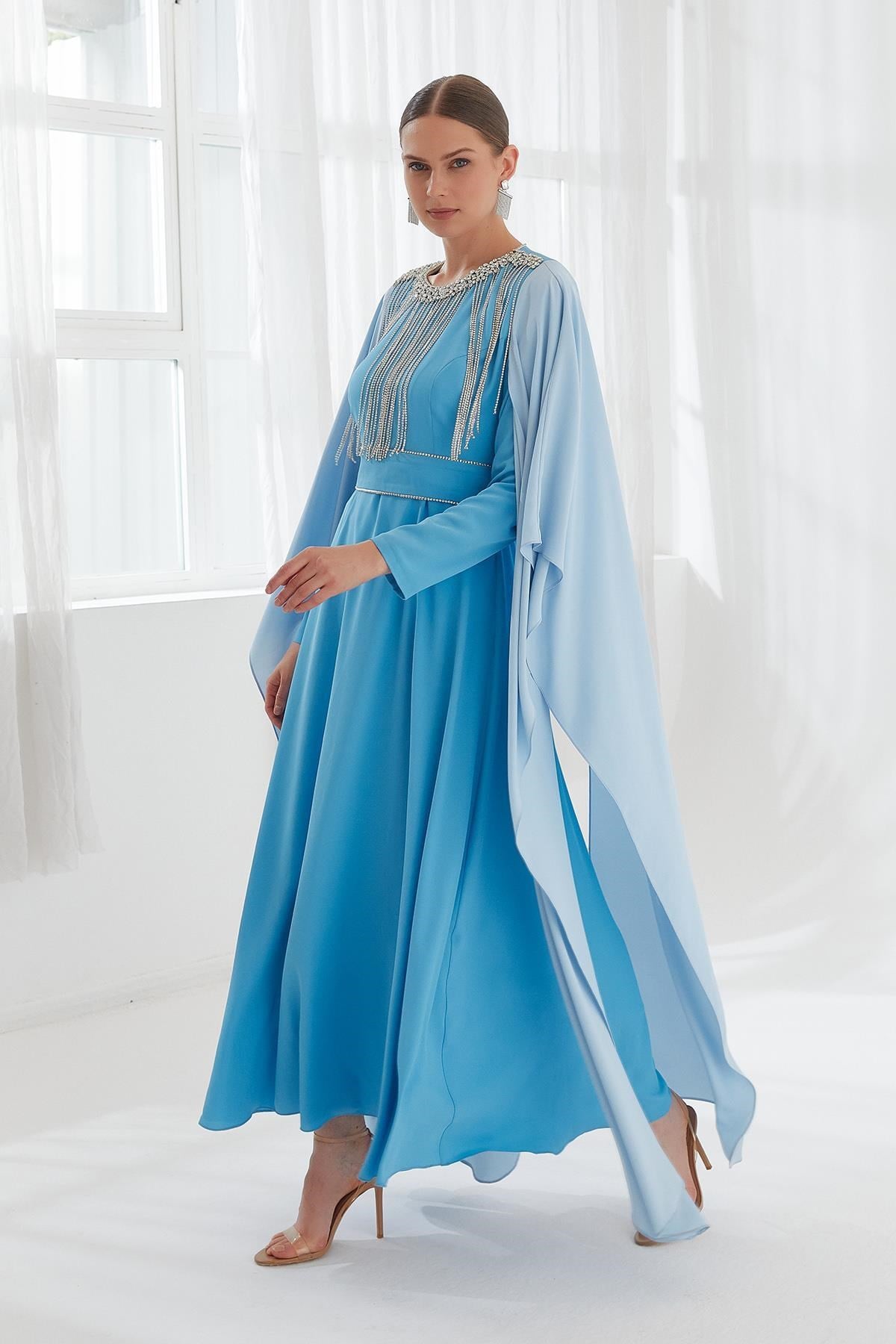 Zincir Taşlı Elbise Mavi