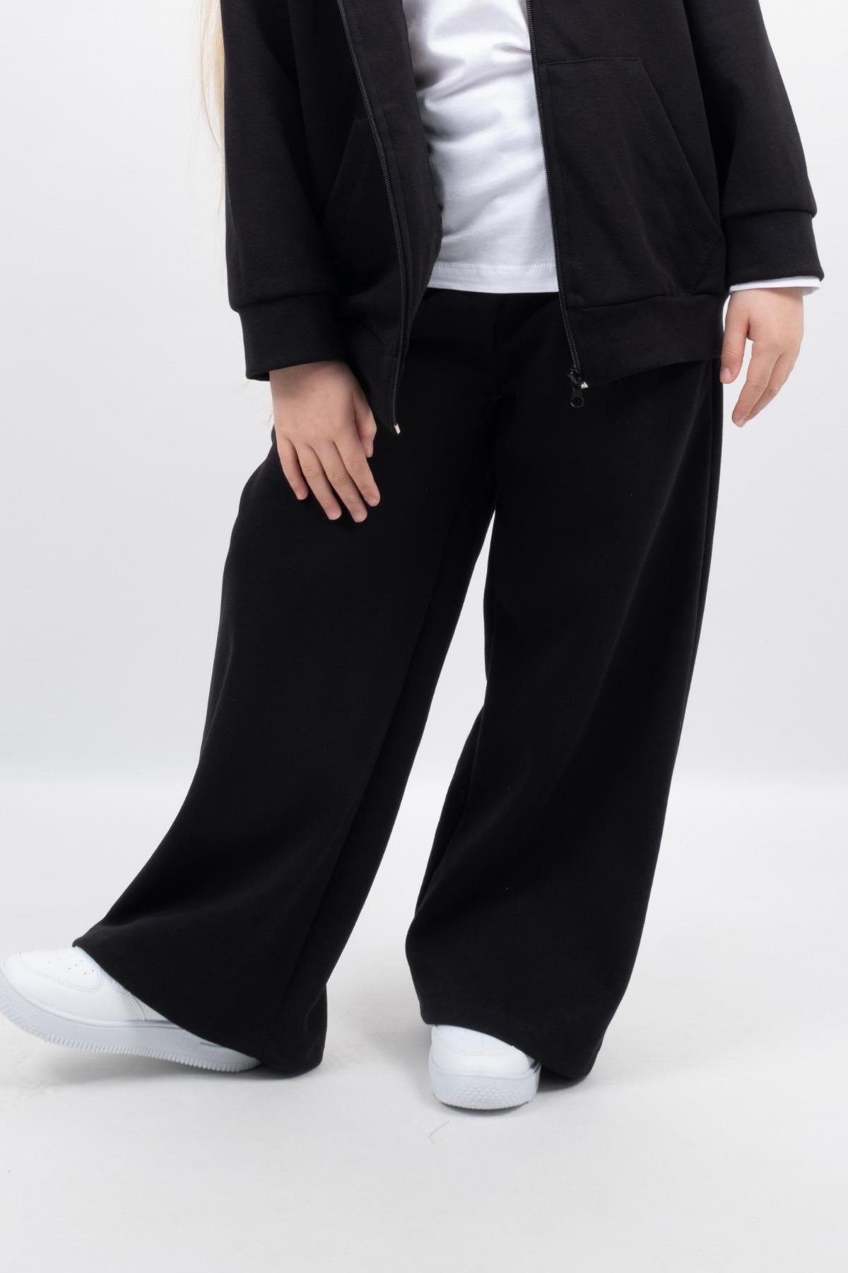 Kız Çocuk Siyah Loose Fit Esofman Altı Cepli Geniş Paça Okul Eşofmanı