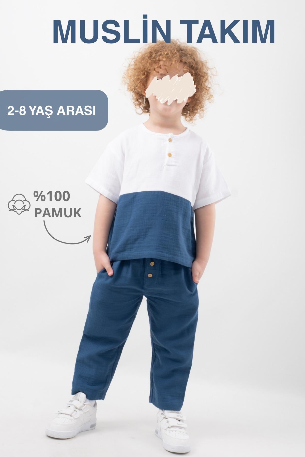Muslin Takım Kısa Kollu 2'li Takım Düğmeli %100 Pamuk Erkek Çocuk Organik Muslin Takım