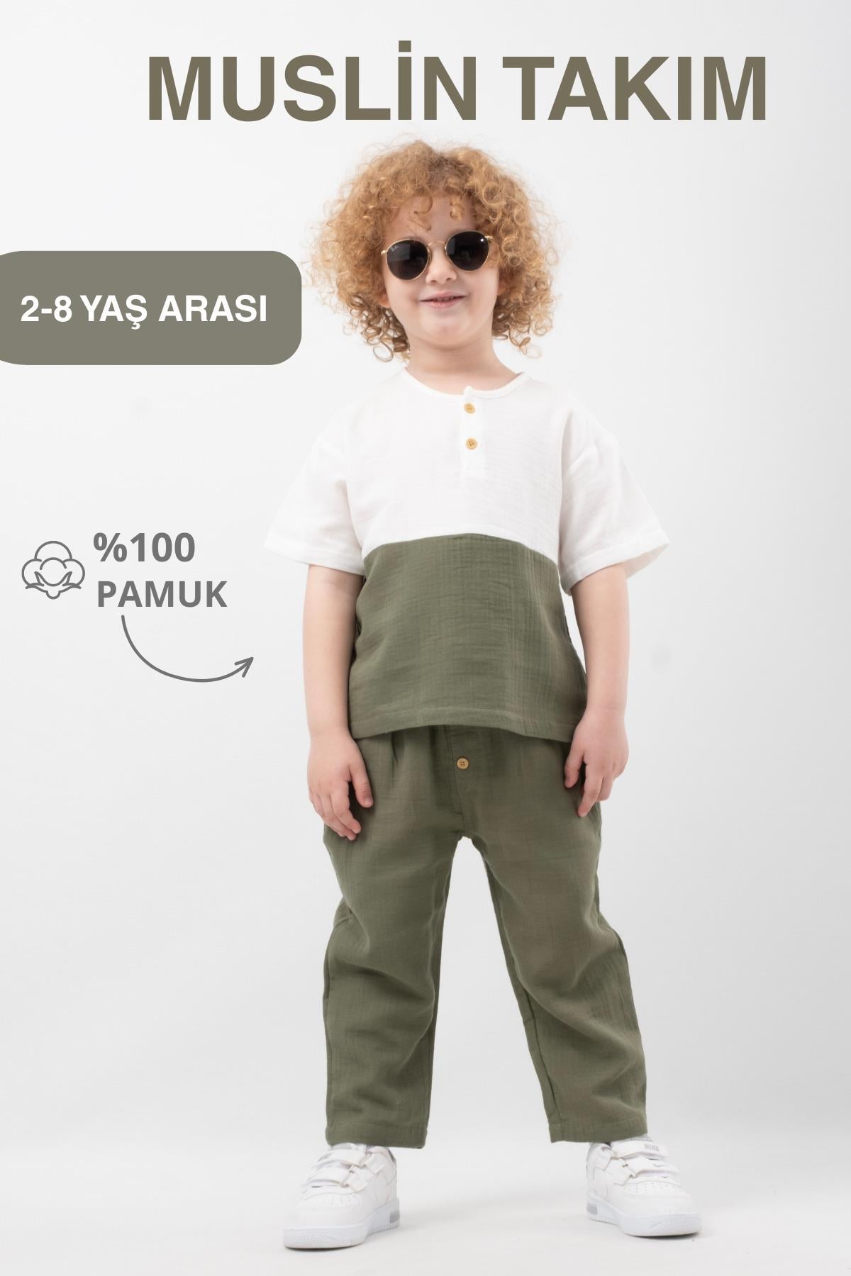 Muslin Takım Kısa Kollu 2'li Takım Düğmeli %100 Pamuk Erkek Çocuk Organik Muslin Takım