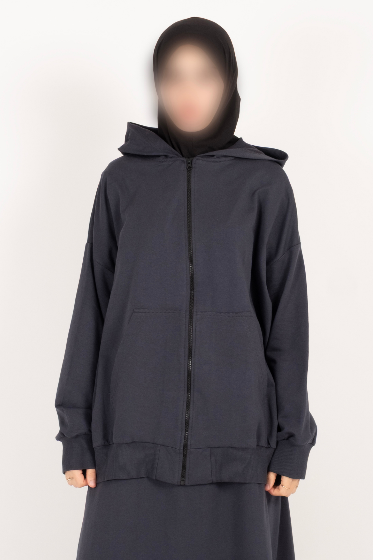 Fermuarlı Oversize Hırka Cepli Kapüşonlu Hırka