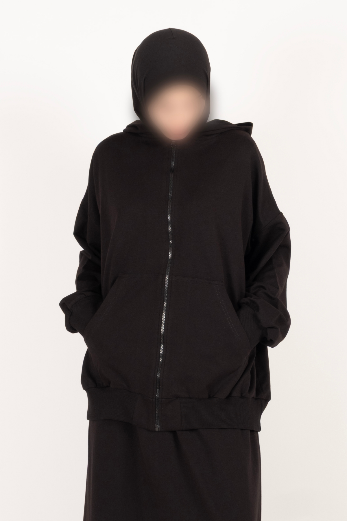 Fermuarlı Oversize Hırka Cepli Kapüşonlu Hırka