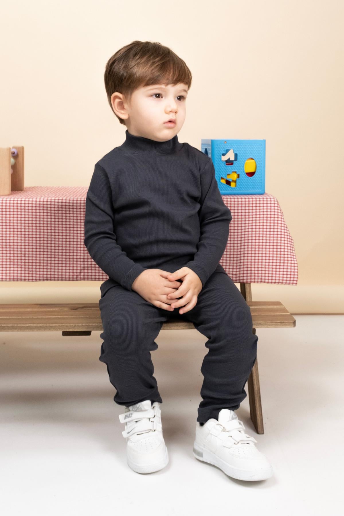 Kız Erkek Bebek Çocuk İkili Takım Boğazlı Yüksek Yaka Ribana Takım