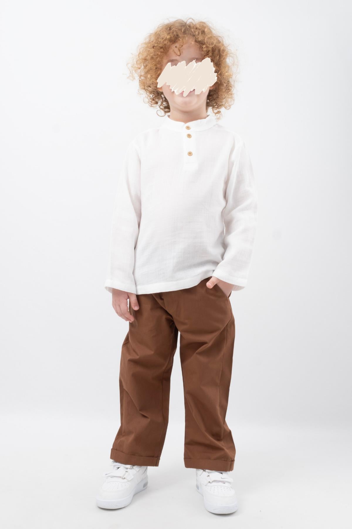 Müslin Gömlekli Takım Pantalonlu 2'li Takım Düğmeli Pamuklu Unisex  Bebek Çocuk Takım