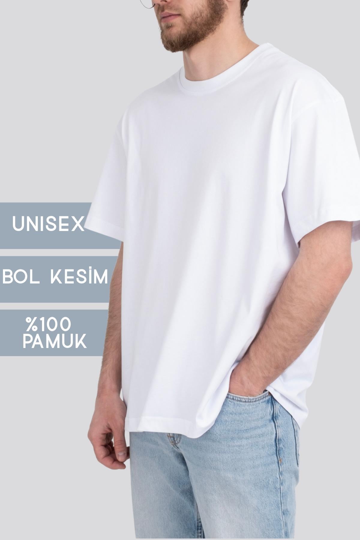 Oversize Geniş Kalıp Bisiklet Yaka Unisex Basic Düz Kısa Kollu Tişört