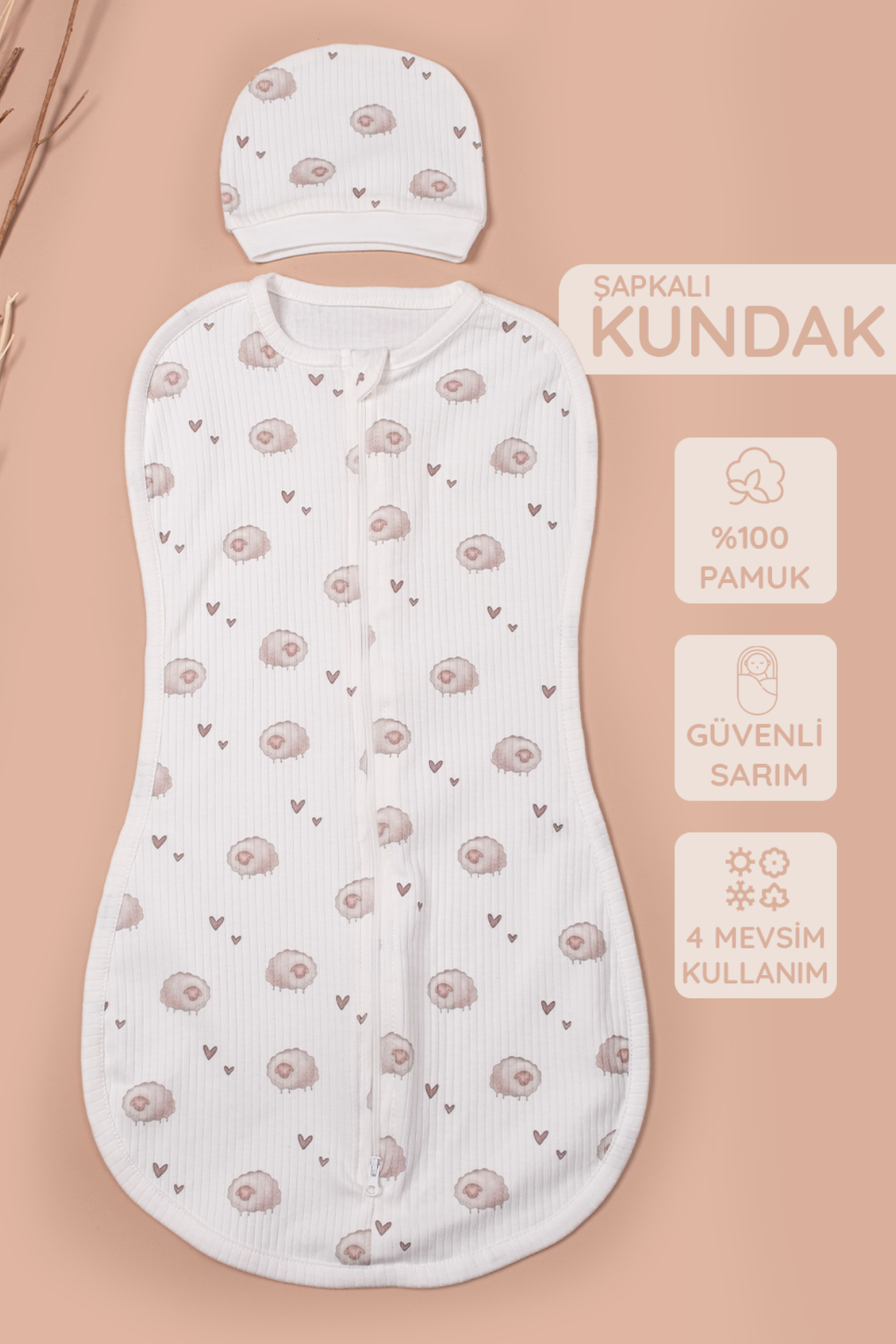 Yenidoğan Şapkalı Kundak Çift Taraf Fermuarlı %100 Pamuk
