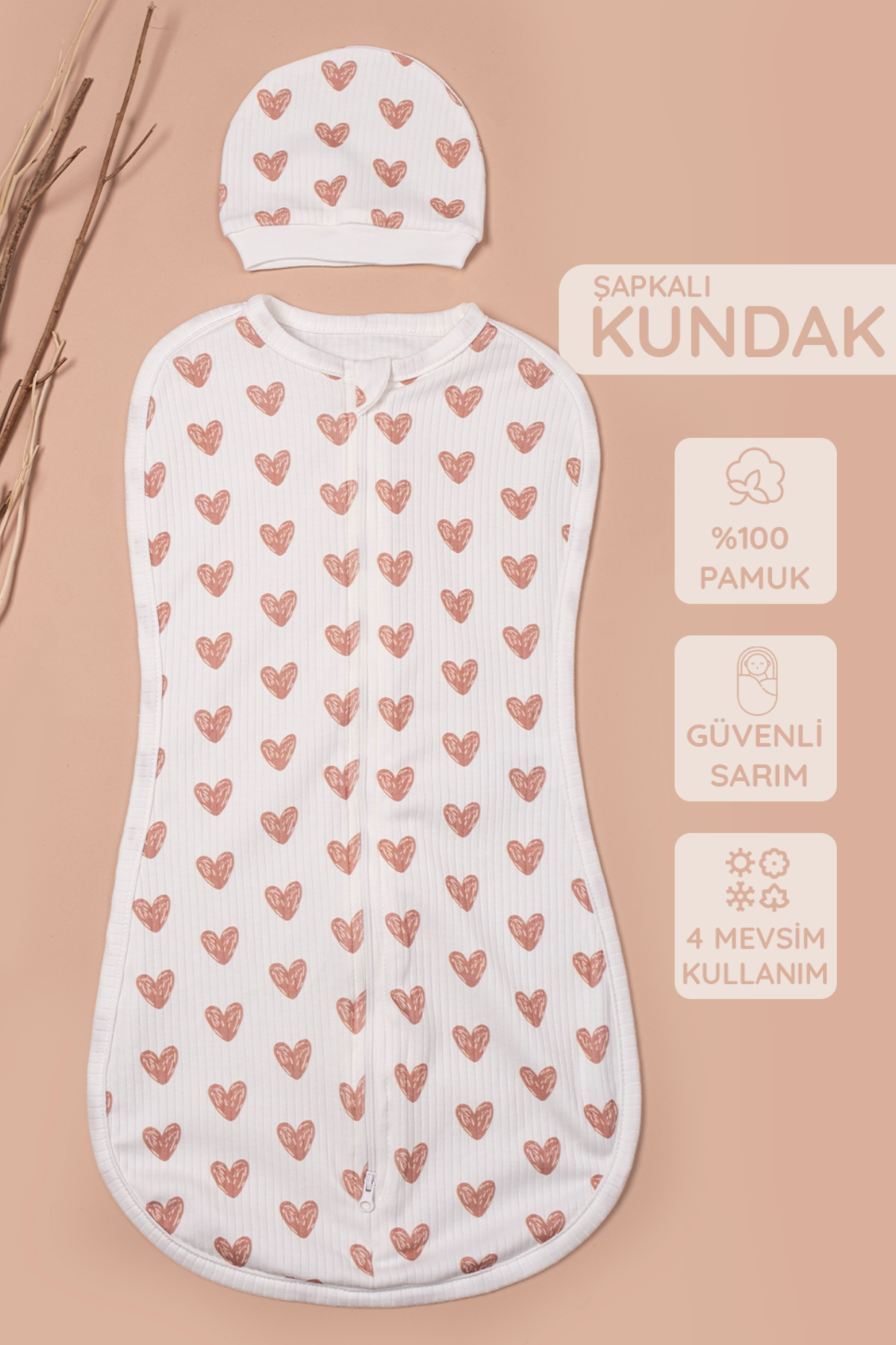 Yenidoğan Şapkalı Kundak Çift Taraf Fermuarlı %100 Pamuk
