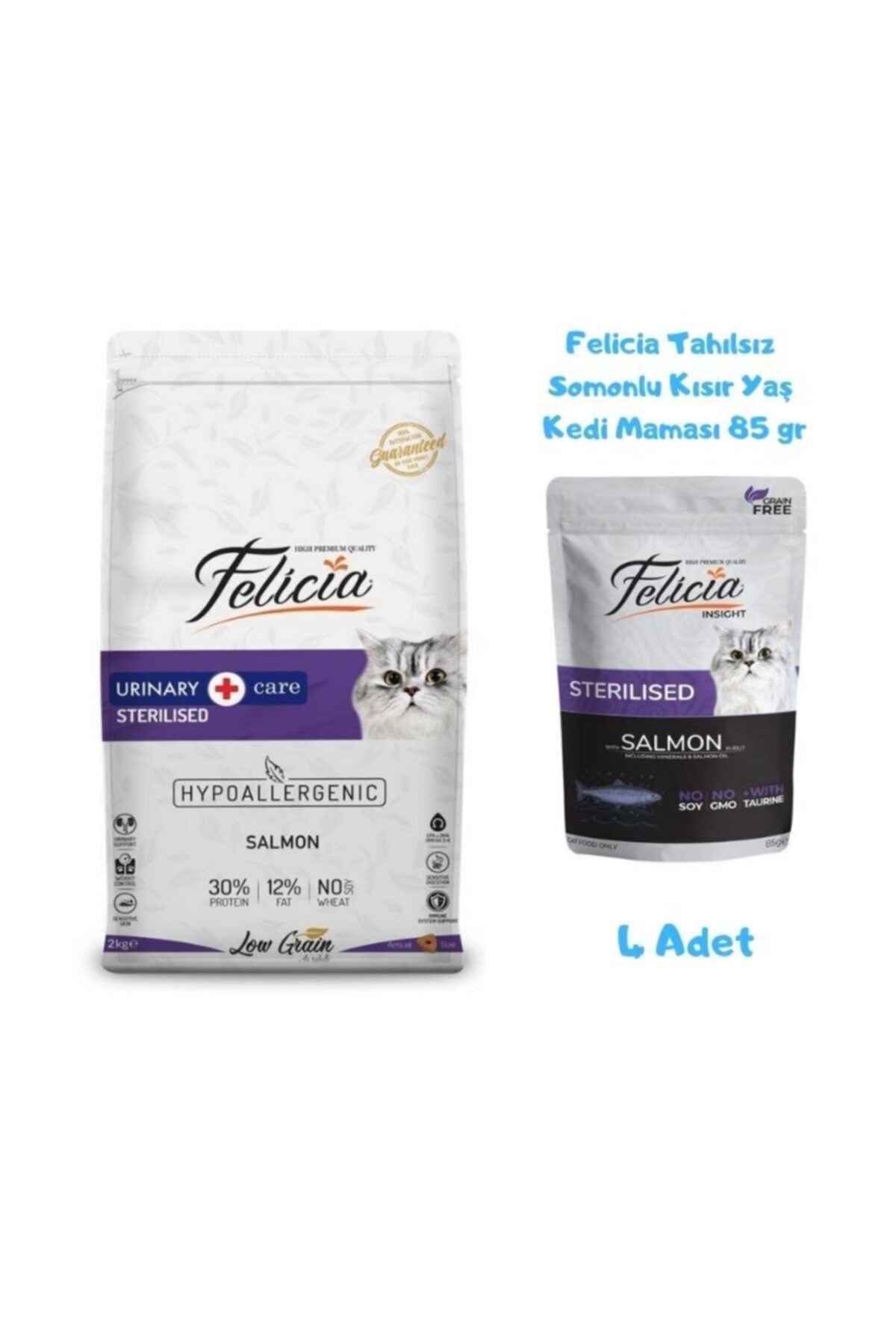 Kısırlaştırılmış Somonlu Kedi Maması 2 Kg + Yaş Mama 85 Gr (4 Adet)
