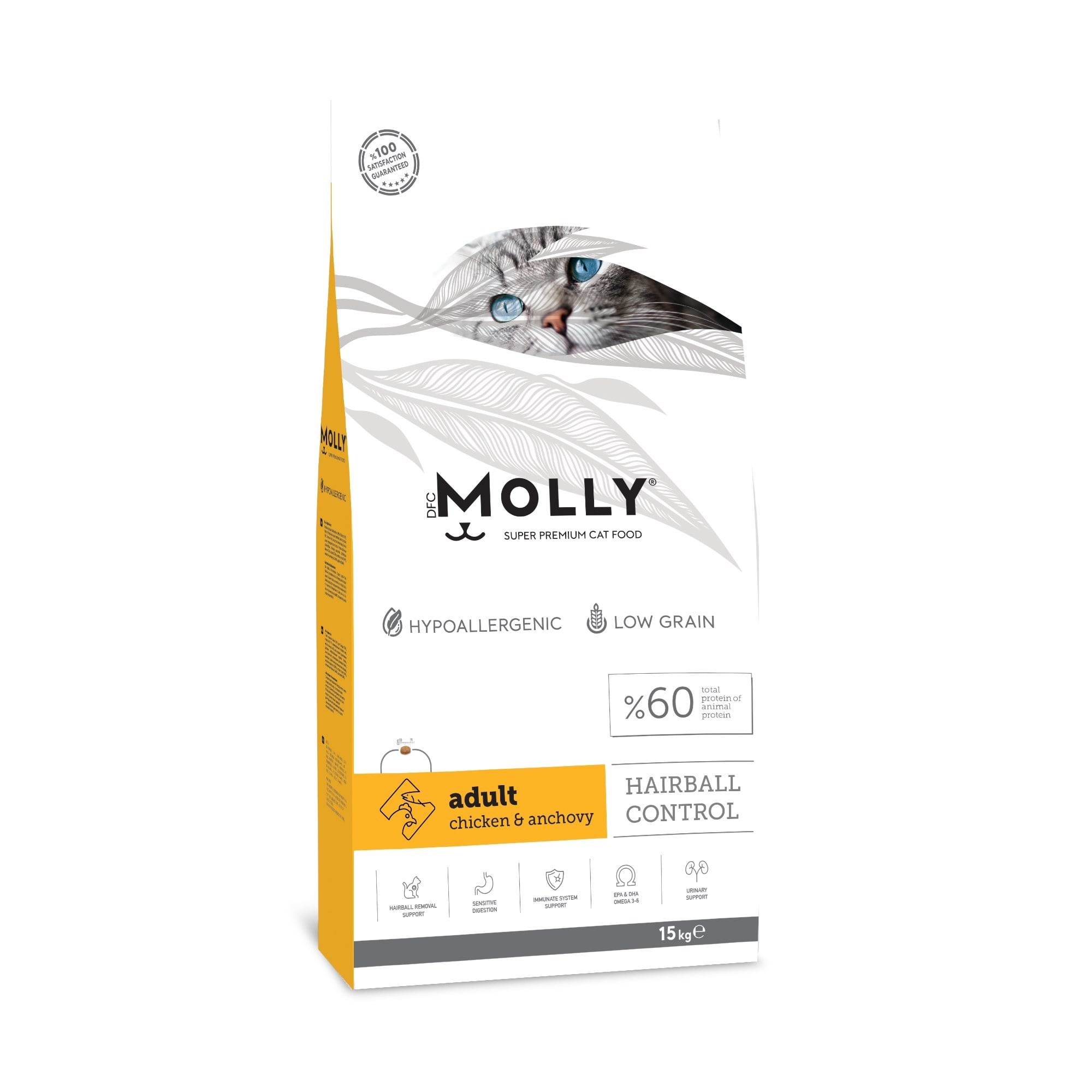 Molly Hairball Control Tavuklu ve Hamsili Düşük Tahıllı Yetişkin Kedi Maması 15 kg