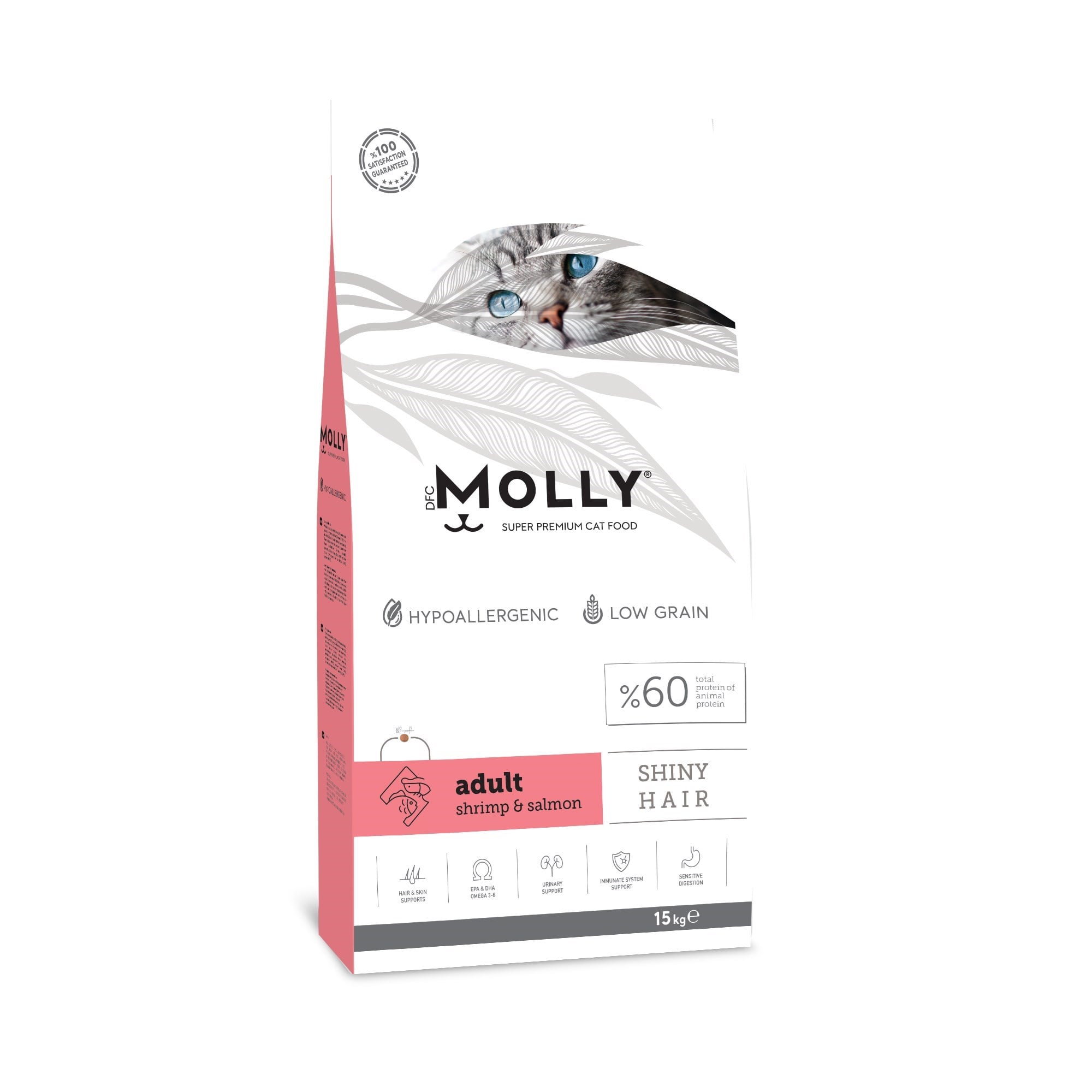 Molly Shiny Hair Somonlu ve Karidesli Düşük Tahıllı Yetişkin Kedi Maması 15 kg