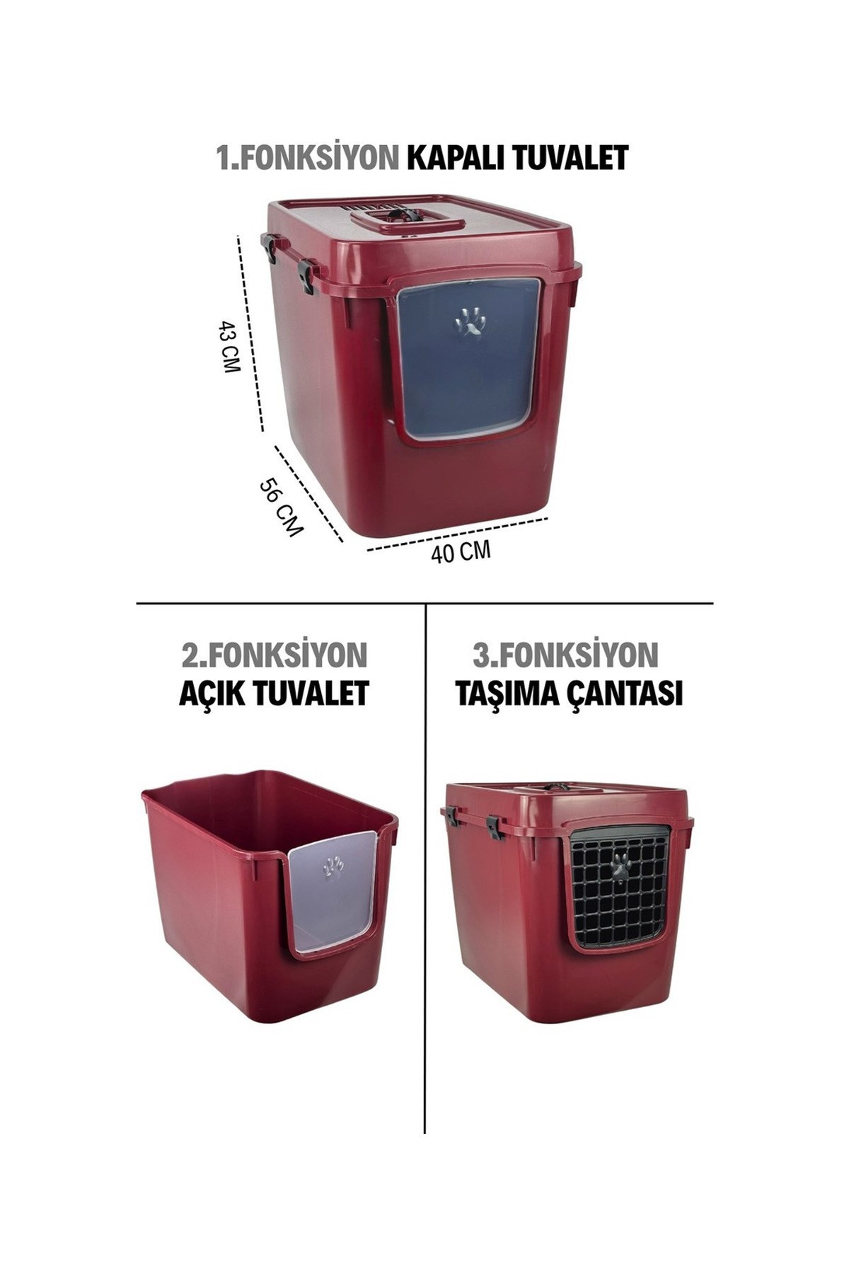 Pribor HZ-500 Xxl 3 Fonksiyonlu Açık / Kapalı Kedi Tuvaleti ve Taşıma Çantası Bordo 56 x 40 x 43 Cm