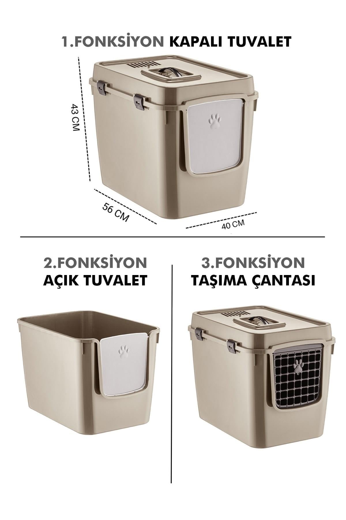 Pribor HZ-500 Xxl 3 Fonksiyonlu Açık / Kapalı Kedi Tuvaleti ve Taşıma Çantası Bej 56 x 40 x 43 Cm