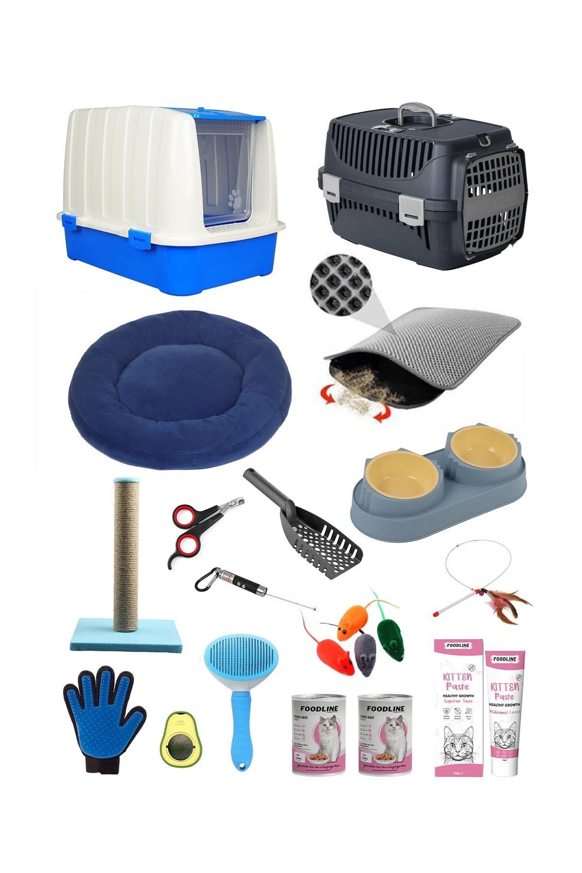 Pribor Kedi Başlangıç Seti Kapalı Tuvaletli Lüx 20 Parça Mavi-lacivert