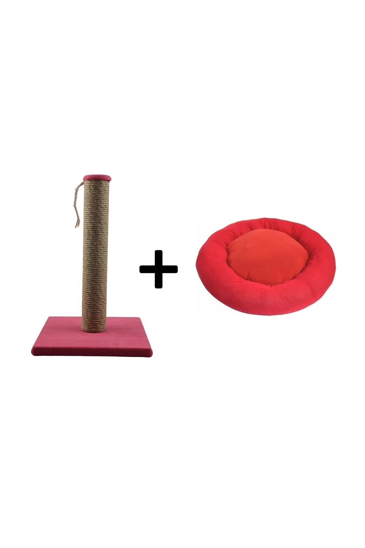 Pribor Kedi Tırmalama Tahtası 40 Cm Ve Kedi Simit Yatağı 50 Cm Çap Polar 2' Li Set Bordo-kırmızı