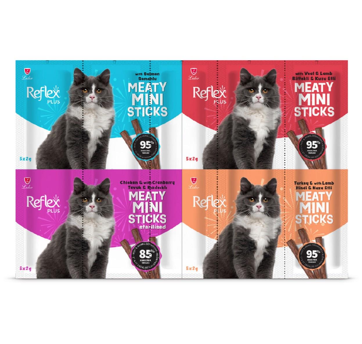 Reflex Plus Kedi Ödülü Somonlu- Kuzu Etli- Biftekli- Kısırlaştırılmış Tavuklu Çubuk 2 gr x 20 Adet
