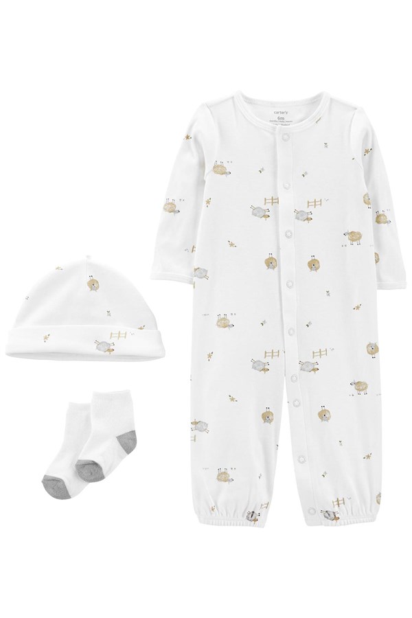 Carters Bebek Kuzu Desenli 3'Lü Tulum Şapka Çorap Set