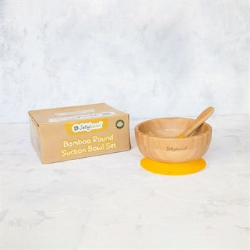 Jellyboon Bambu Yuvarlak Sarı Vakumlu Kase Kaşık Seti