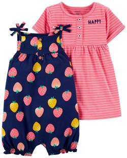 Carters Kız Bebek Çilek Desenli Elbise ve Yazlık Tulum Set