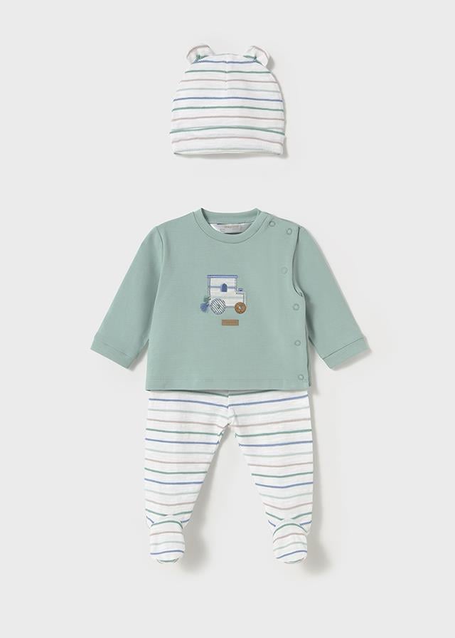 25Y.MYR.01557.021Mayoral Yenidoğan Erkek Çizgili Şapkalı 3'Lü Takım