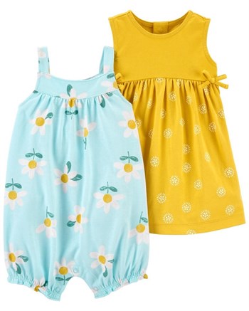 Carters Kız Bebek 2'li Papatya Desenli Elbise ve Yazlık Tulum Set