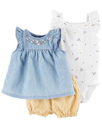 Carters Kız Bebek 3'lü Çiçek Desenli Body,Şort ve Bluz Set