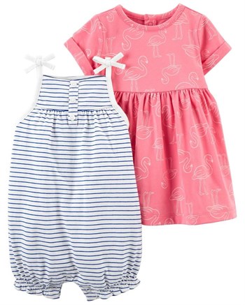 Carters Kız Bebek 2'li Flamingo Desenli Elbise ve Yazlık Tulum Set