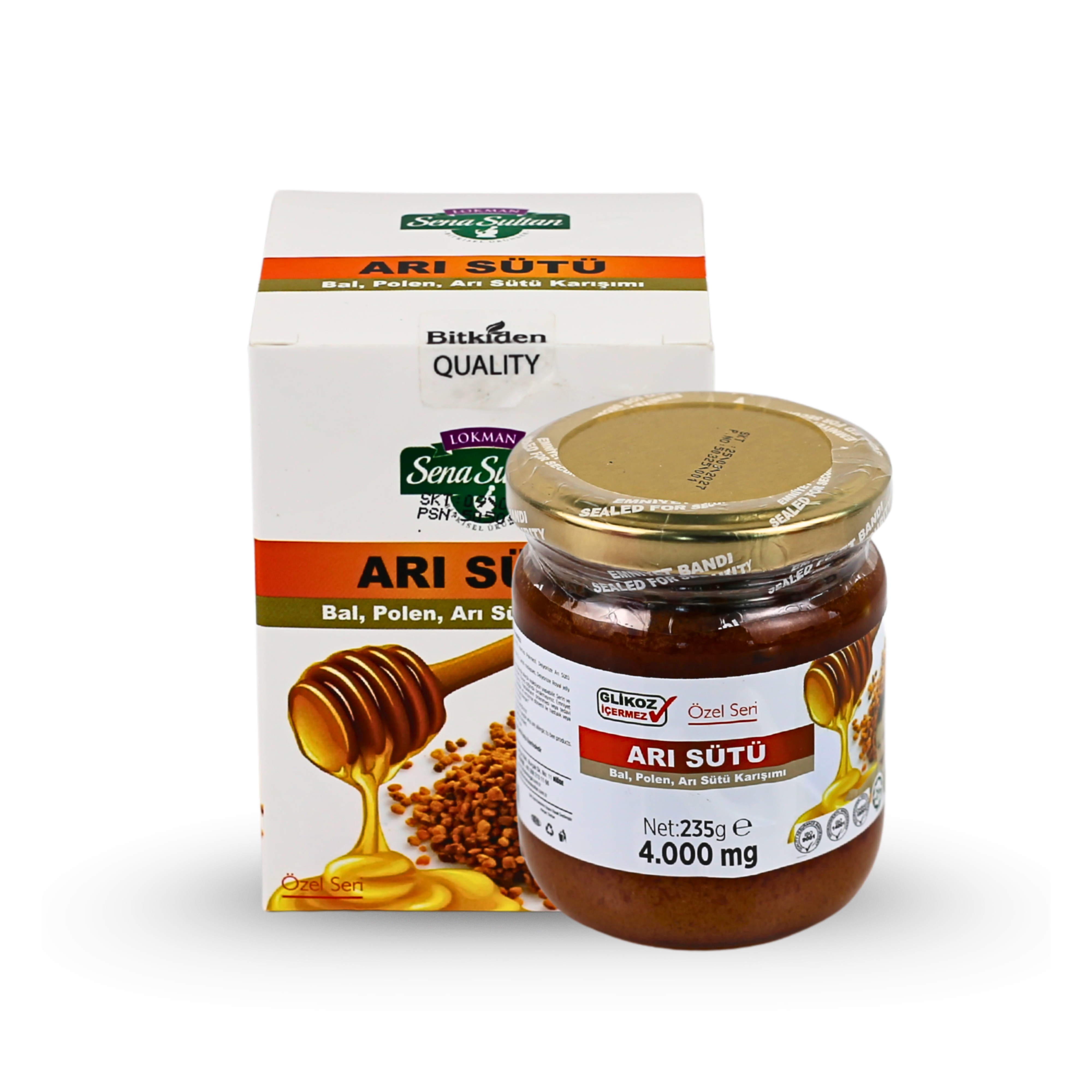 Özel Seri Glikozsuz Bal Polen Karışımlı Arı Sütü (4000 mg) 240 gr.