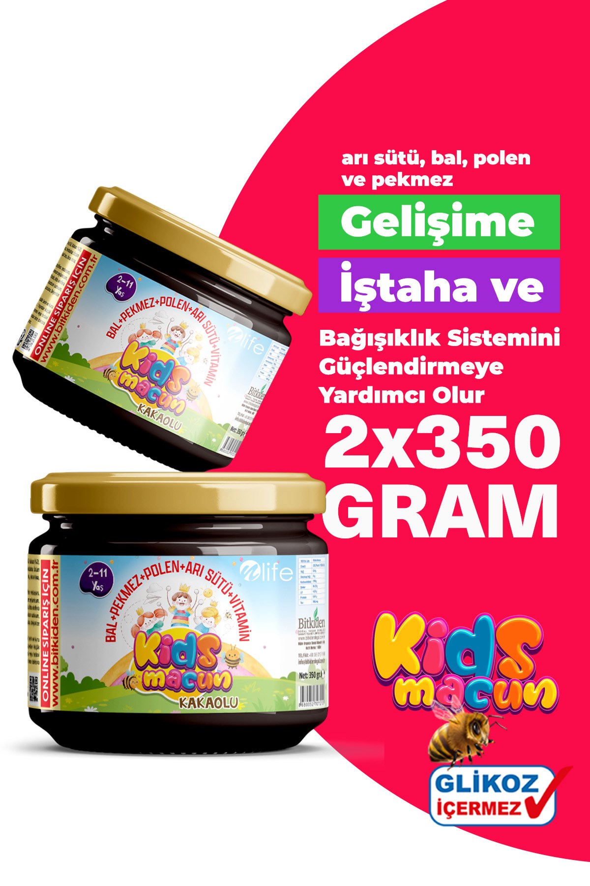 Kids Macun Çocuklara Özel Glikozsuz Bal Pekmez Polen ve Arı Sütü 2 li Set  Kakaolu 2x350