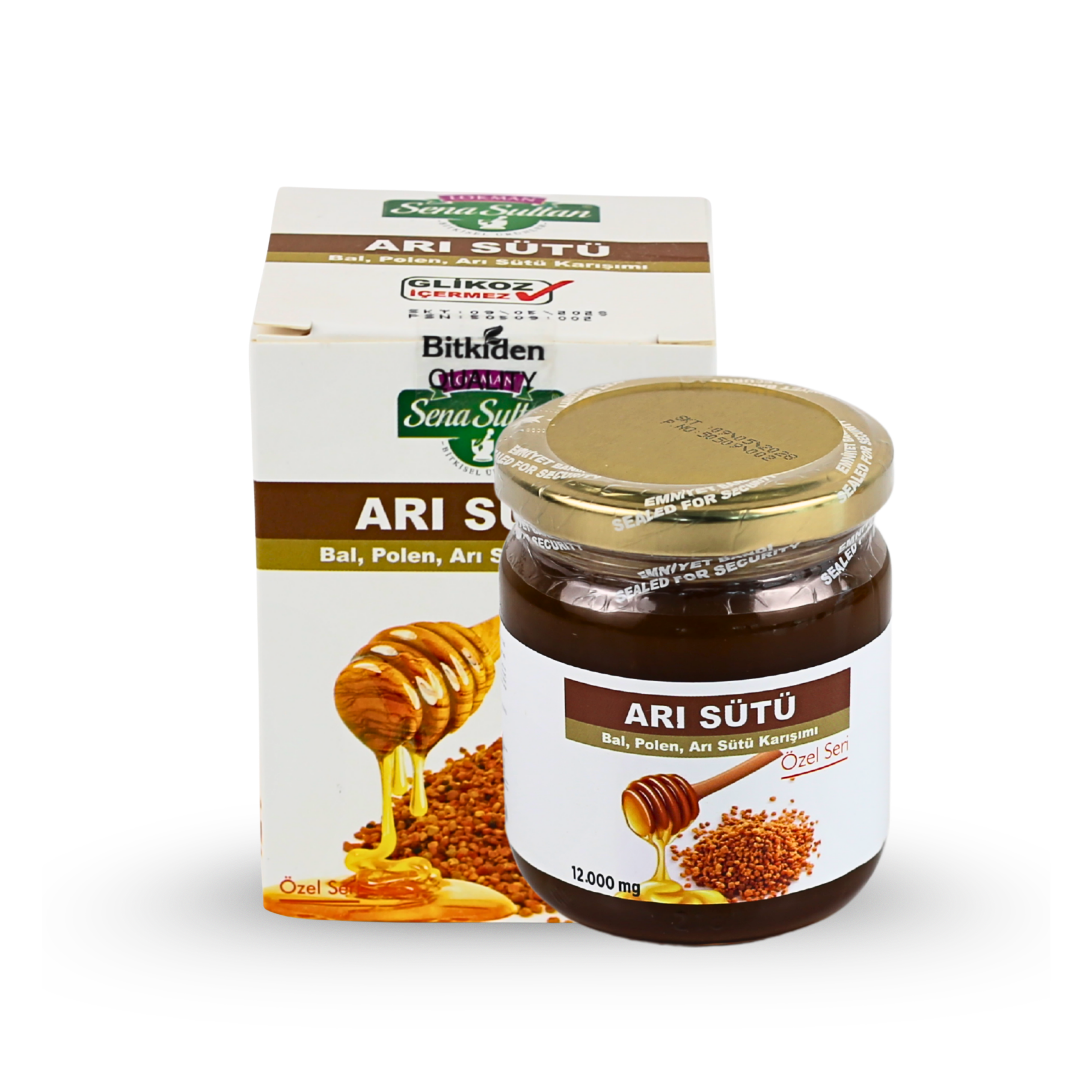 Özel Seri Glikozsuz Bal Polen Karışımlı Arı Sütü (12000 mg) 240 gr.