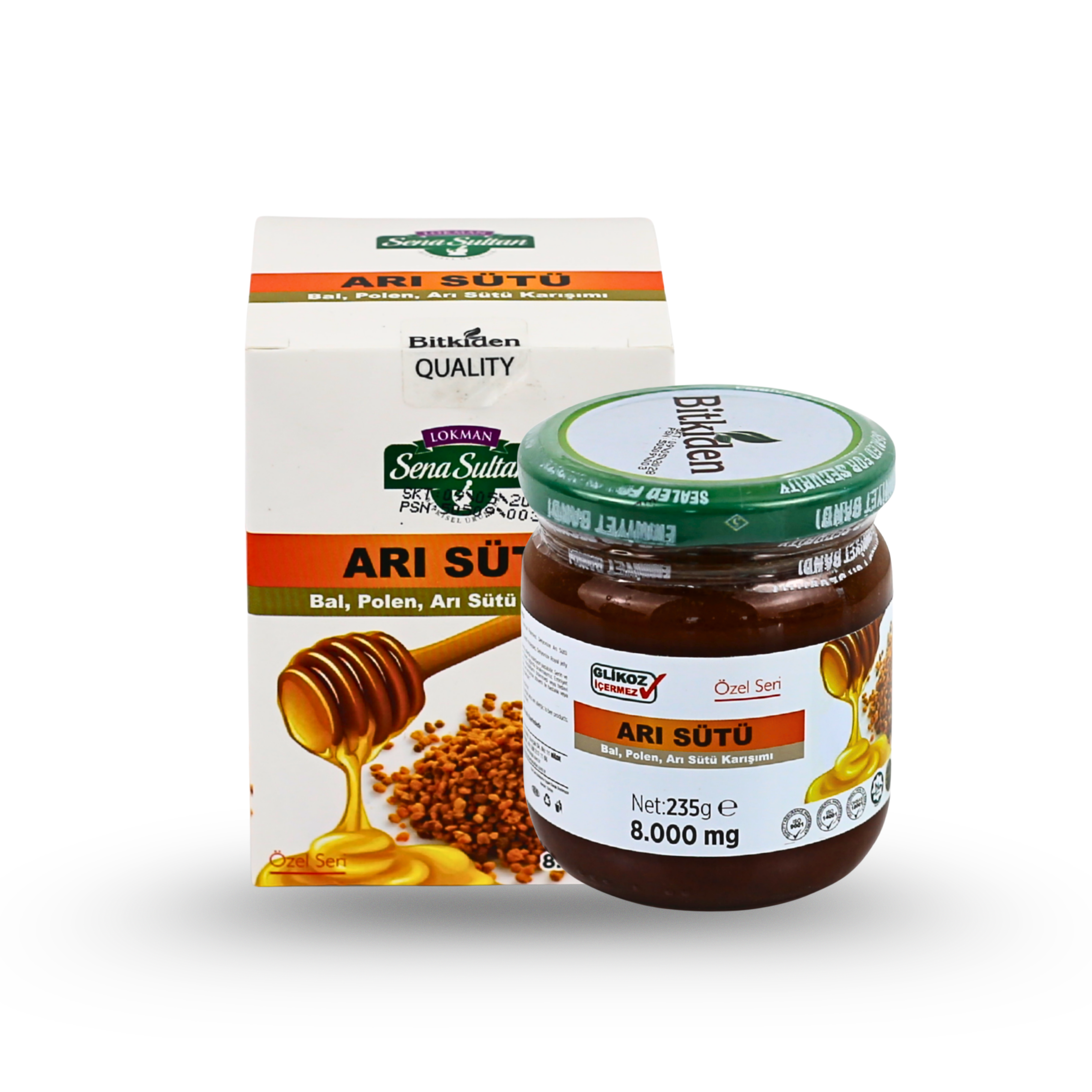 Özel Seri Glikozsuz Bal Polen Karışımlı Arı Sütü (8000 mg) 240 gr.