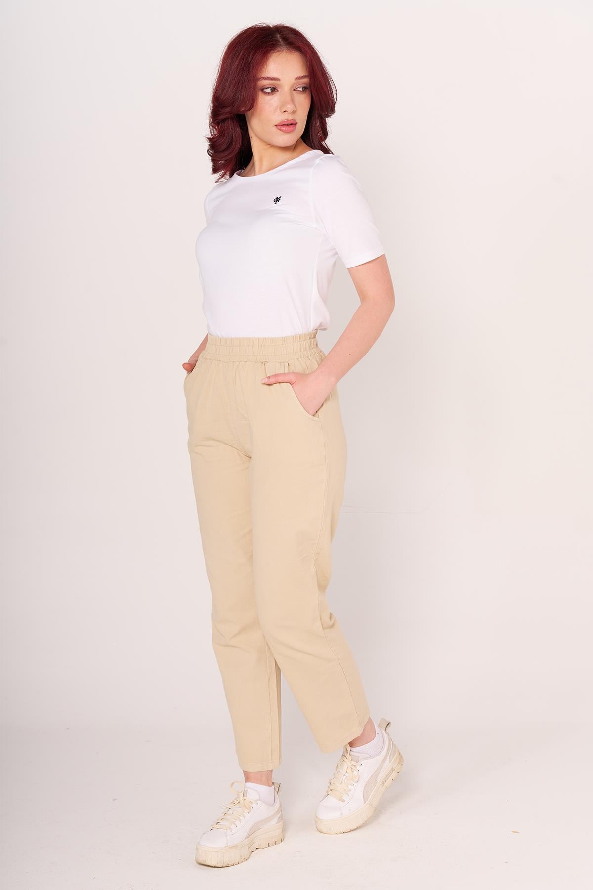 Brs Kadın Gabardin Beli Lastikli Klasık Pantolon 24y Sf KREM