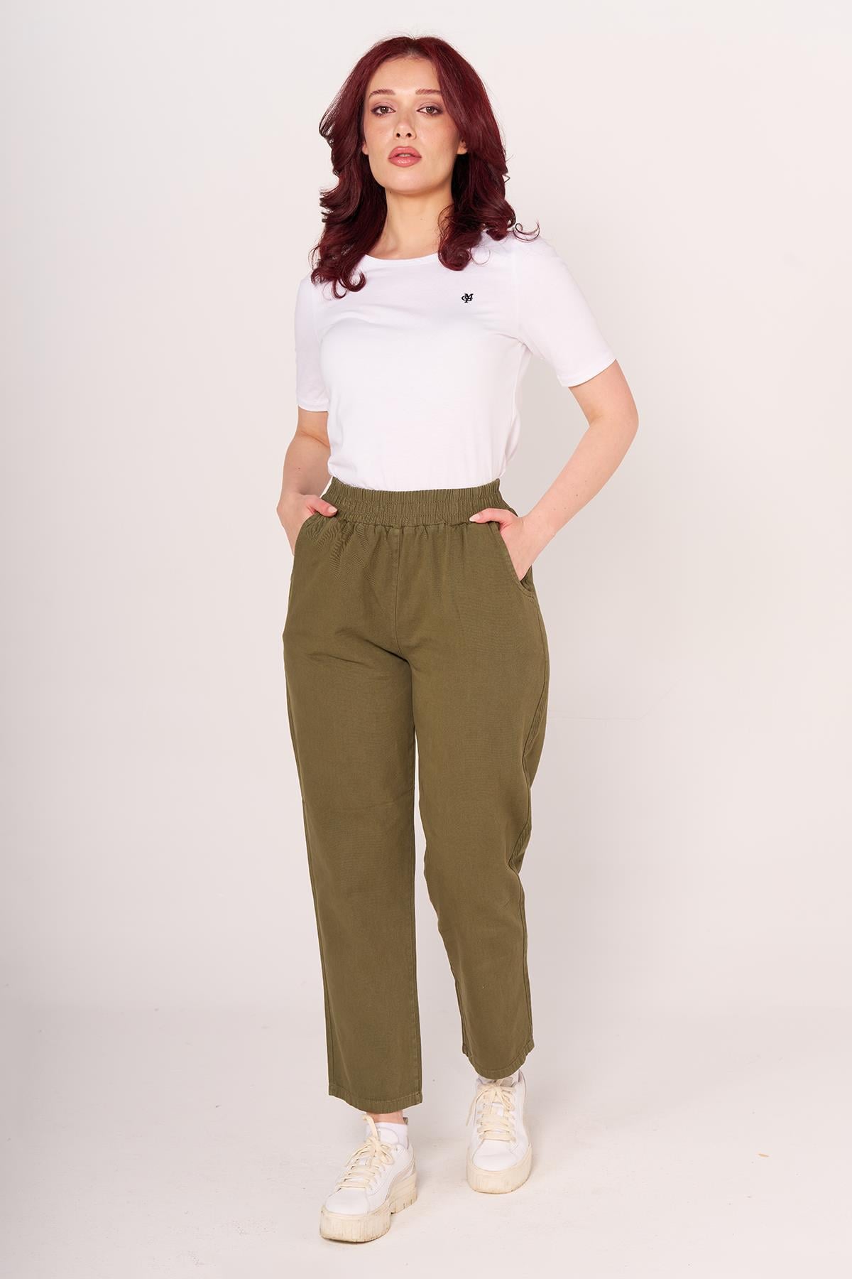 Brs Kadın Gabardin Beli Lastikli Klasık Pantolon 24y Sf YEŞİL