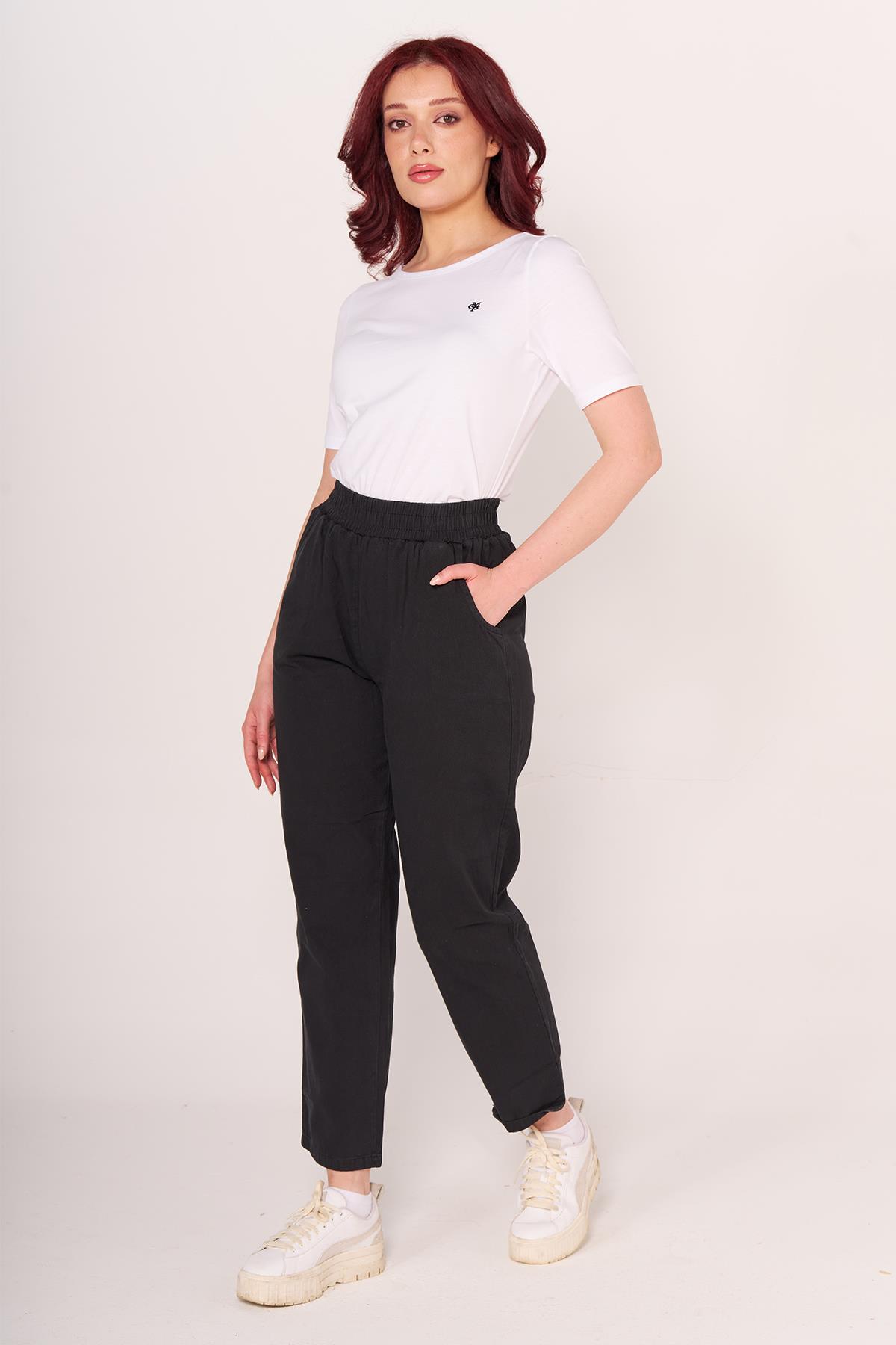 Brs Kadın Gabardin Beli Lastikli Klasık Pantolon 24y Sf SİYAH