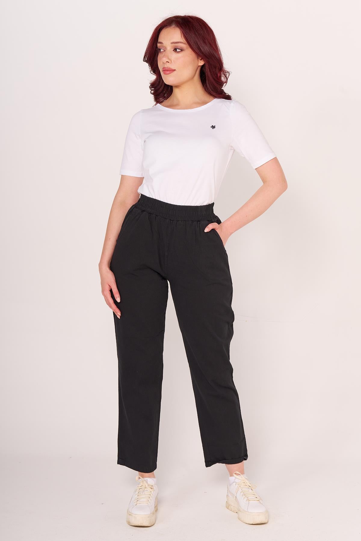 Brs Kadın Gabardin Beli Lastikli Klasık Pantolon 24y Sf SİYAH