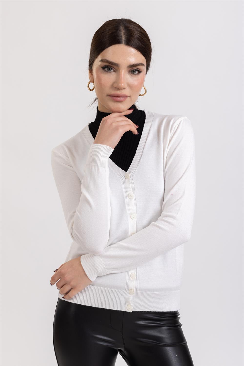 Ms Bayan Tam Dügmeli İnce Hırka Beyaz