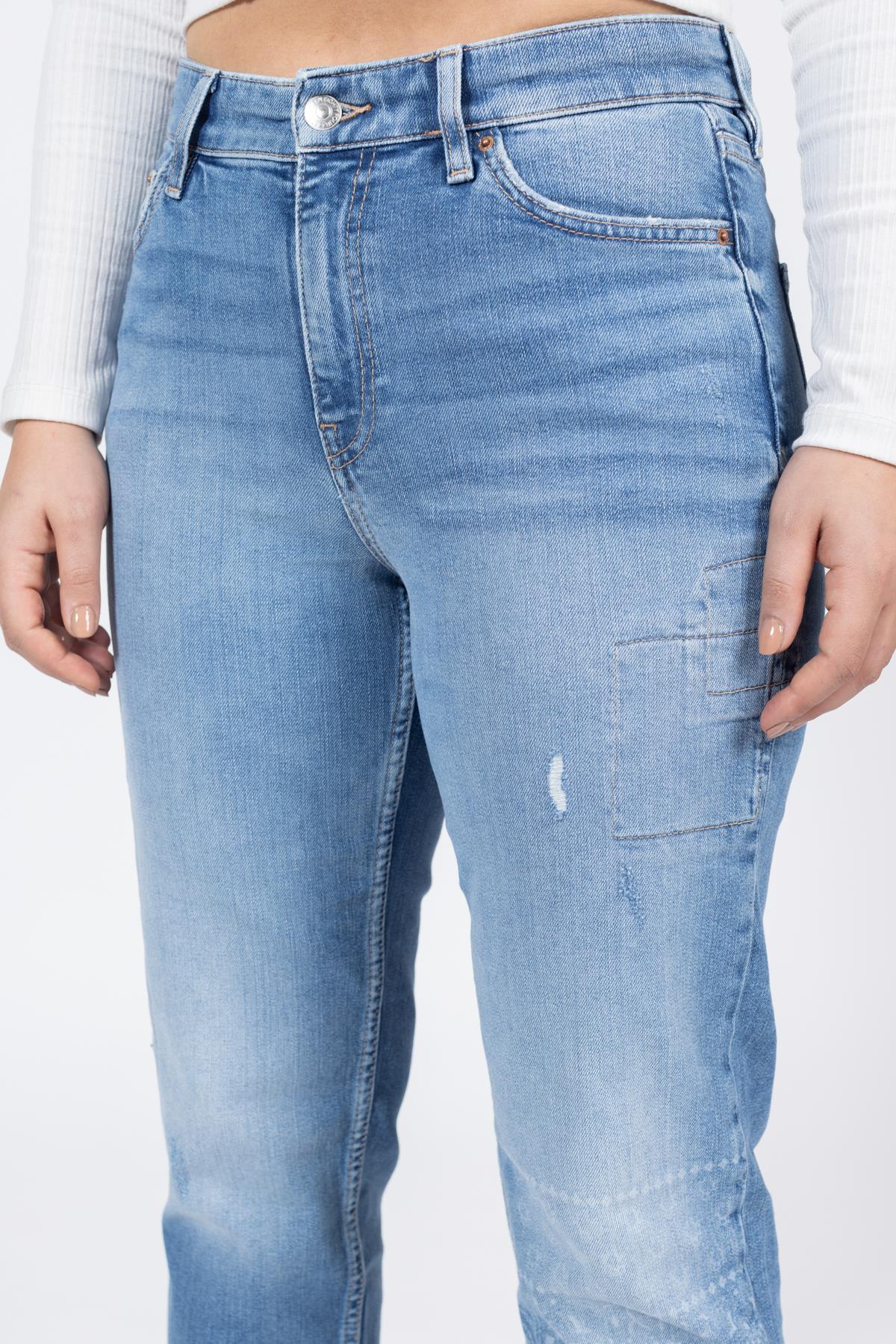 Ms Kadın Mom RegularAltı Çiçek Baskılı Kot Pantolon 23k Kso BLUE