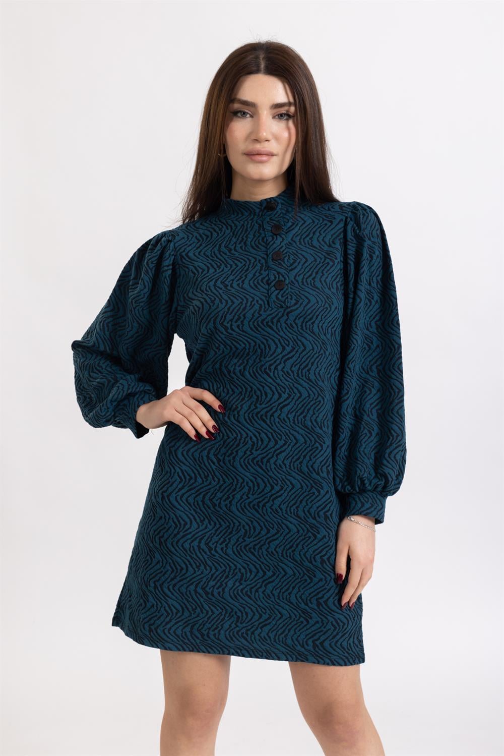 Sfr Bayan Önü Düğmeli U.Kol Elbise Petrol Mavisi