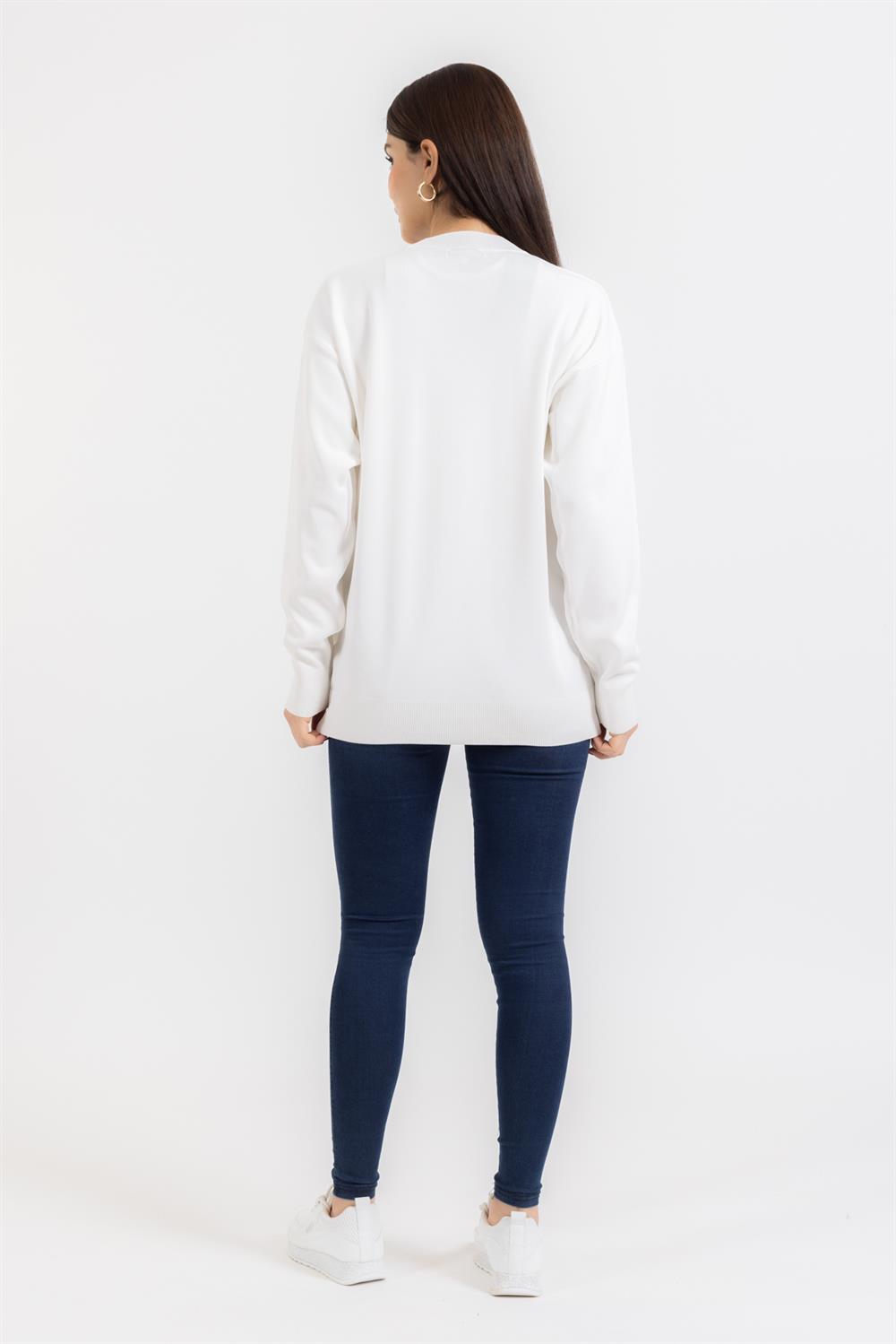 Zr Unisex 0 Yaka Düz U.Kol Kazak Beyaz